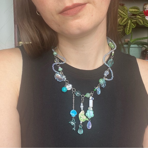 Mermaid Charm Necklace Silver Chain Mixed Beads Pendant Ocean Mermaidcore Blues - Picture 1 of 10